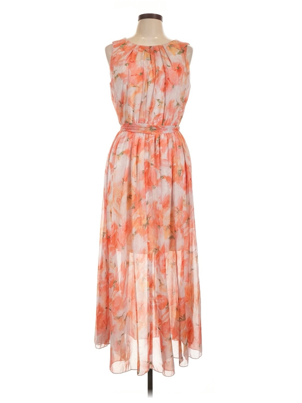 Coral Floral Sleeveless Maxi Dress with Belt